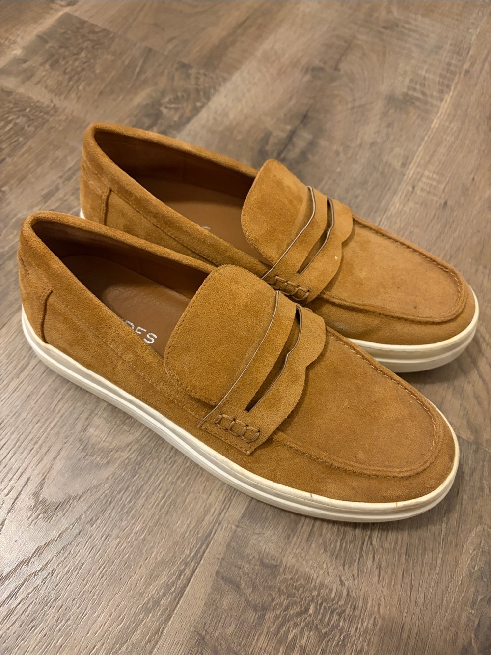 J Slides Women's Tan Suede Penny Loafers with White Sole